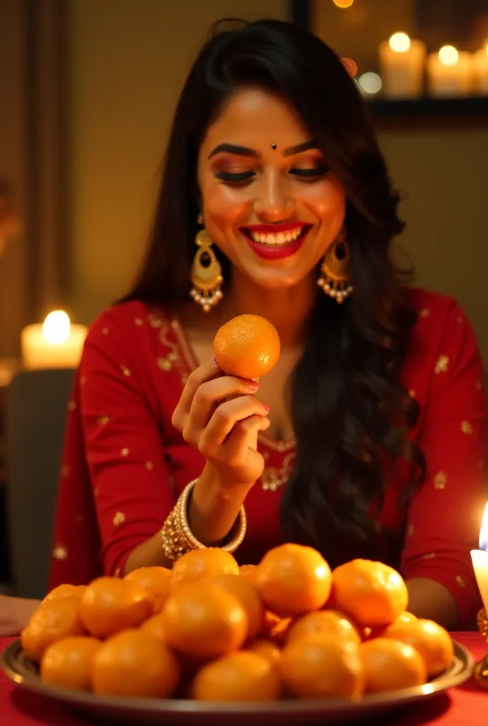 Prompt for the Image (Eating Expressions Video Style):

"A beautiful Indian woman, dressed in a rich red traditional outfit with golden embroidery, sits at a warmly lit table, surrounded by glowing candles. She is joyfully holding a gulab jamun, her eyes s...