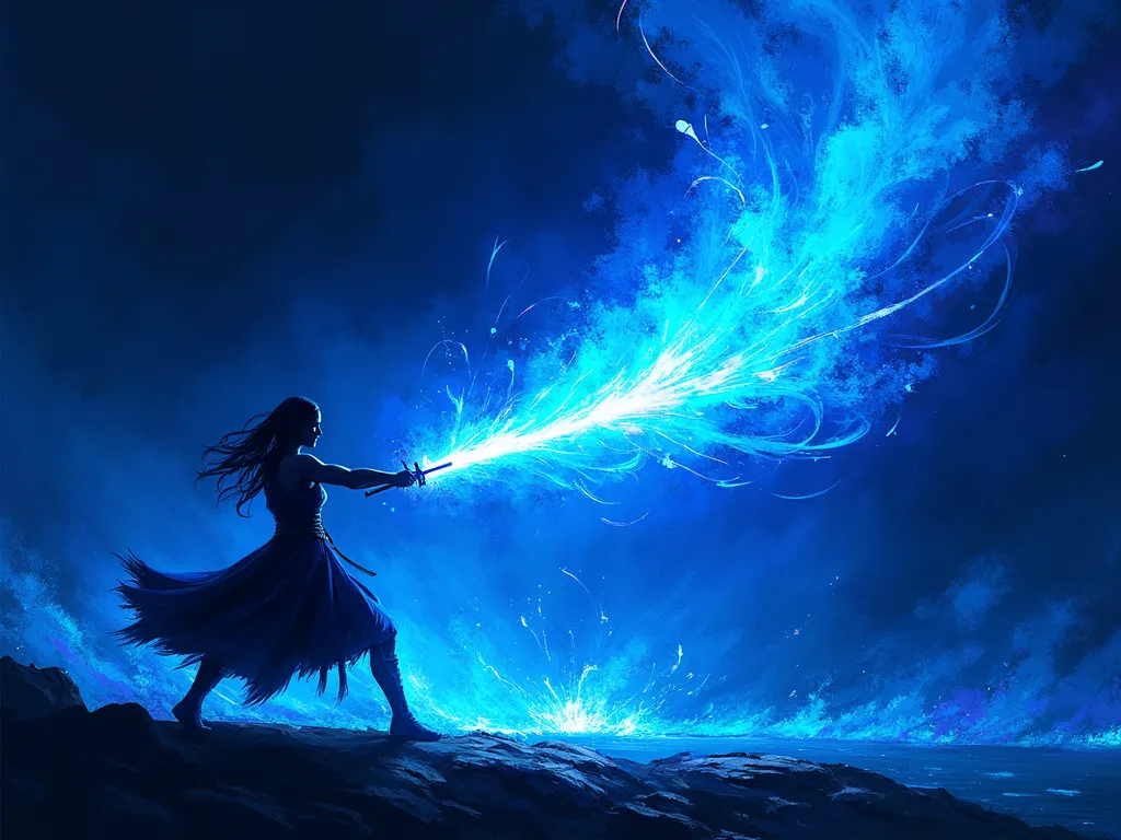 Black silhouette of a woman, sword swing pose, large lazure flame storm erupts from blade, dark background, minimalist impressionist