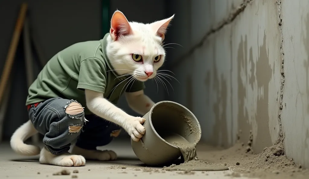 "An anthropomorphic white cat with short fur and an intense, focused expression is working as a construction worker. The cat wears a slightly worn green polo shirt and ripped black jeans, both covered in dust and splatters of cement. It is pouring wet conc...