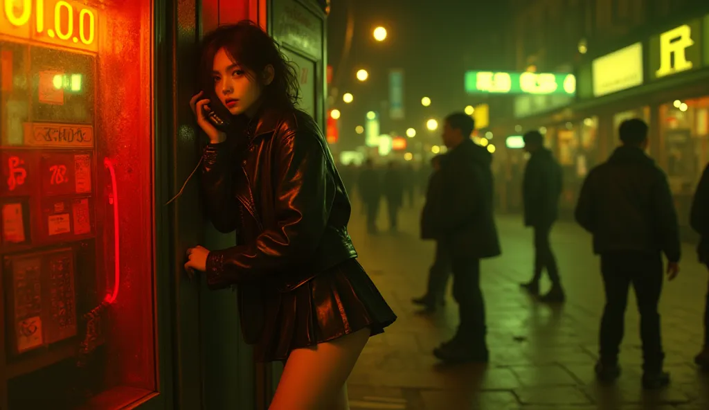 A moody, cinematic street scene inspired by Wong Kar-Wai’s 90s films. A young woman with a dark, rebellious aura leans against a dimly lit payphone booth, lost in thought while holding the receiver. She wears a gothic streetwear outfit—an oversized leather...