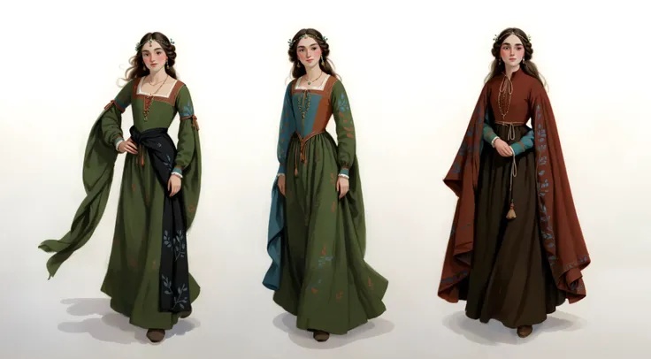 score_9, score_8_up, score_7_up, score_6_up, score_5_up, score_4_up, 1_woman, brow hair, long_hair, wearing a vibrant long peasant medieval dress, detailed clothing, sketches, detailed thick gouache painting, illustration, in gougoupaintleaves style:1.5,