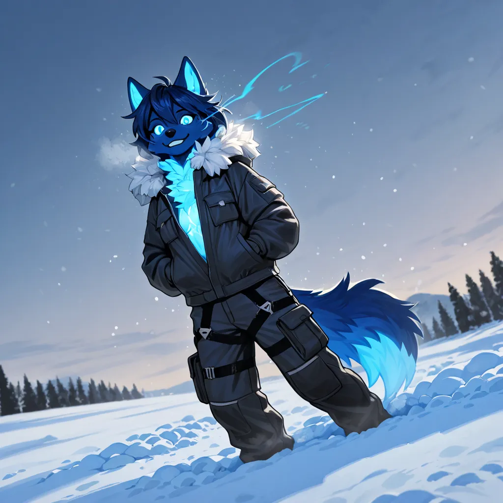 high quality, furry, dark blue skin, wolf furry, female, fluffy tale blue glowing end, high details, light blue glowing eyes, light blue glowing symbols on body, dark blue hair with glowing light blue ends, light blue glowing chest fluff, high quality, 8K ...