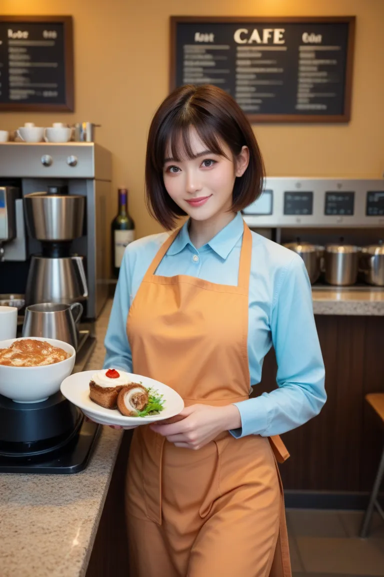 1girl, solo, light smile, long sleeves, pants, shirt lift, bangs, apron, short hair, shiny skin, masterpiece, best quality, ultra quality, high quality, realistic, photo realistic, RAW photo, hyper detailed, intricate detailed, cafe,