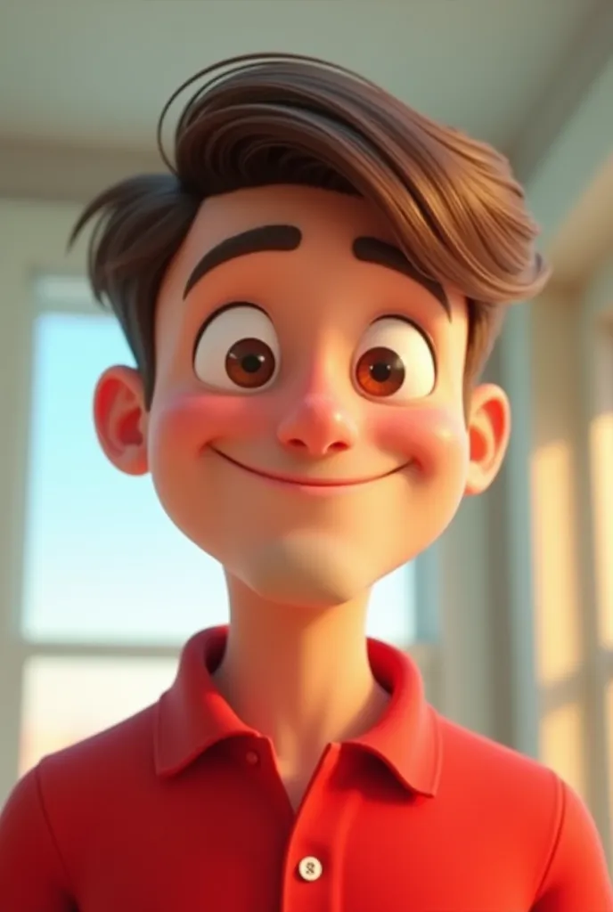 man,  White , Straight short brown hair, brown eyes, wearing red polo shirt, 25 years,  Pixar style