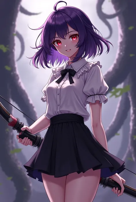 A  with dark purple hair and red eyes with a short black skirt is a blouse with a white collar it's a short blouse with a bow and arrow