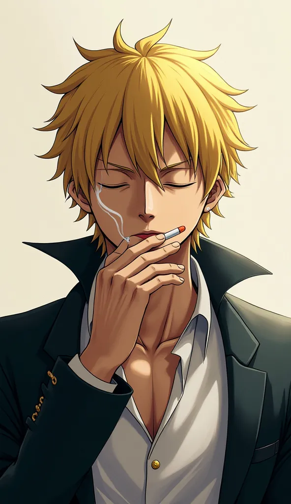 "Sanji from One Piece, smoking, half-length wallpaper, with a serious expression and eyes closed."