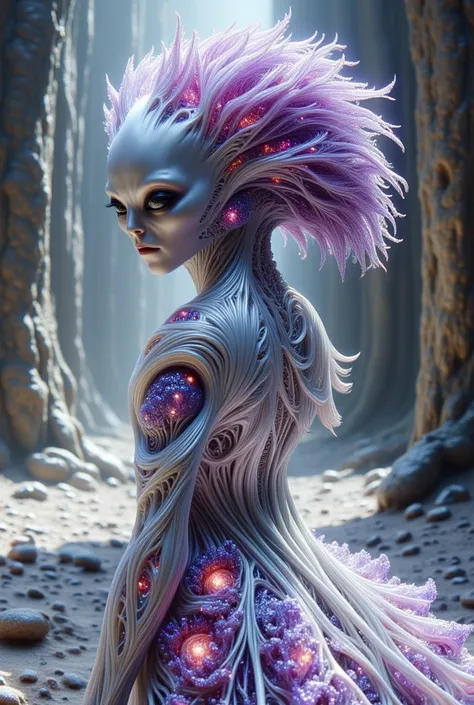 masterpiece, super quality, photo real, She is an alien woman. Though she is of an unusual form, she appears feminine, exuding a majestic and somehow sacred aura. Her chin is small, and the back of her head is large, with thick, colorful pipe-like hair gro...