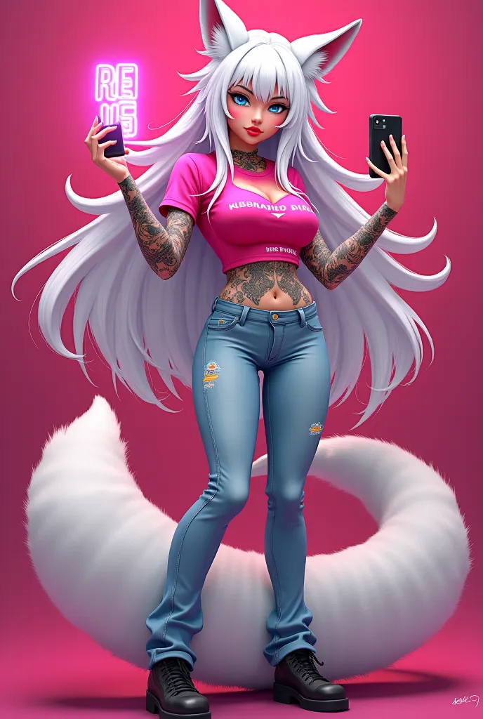 Anime fox woman with nine tails big breasts and small waist very long white hair red lips tattoos all over her body voluptuous neon pink t-shirt with light blue jeans neckline and black shoes holding a cell phone in one hand in a selfie pose and in the oth...