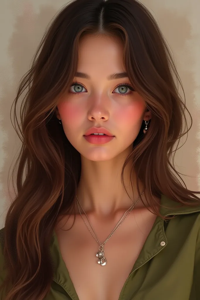 a young woman wearing a necklace with long brown hair and blue eyes, in the style of precisionist, wavy, textural layering, light amber and pink, olive cotton, flattering lighting, effortlessly chic