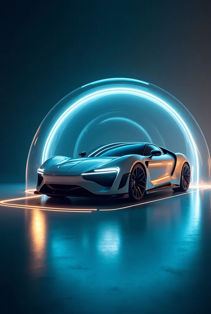 "A modern and elegant car, enclosed within an energy bubble Lucid or a shiny shield, representing protection and safety. The bubble emits a soft and futuristic glow, with reflections of blue and gold light. The background is minimalist and technological, w...