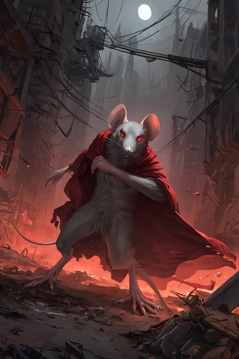 ((masterpiece, best quality, ultra detailed)), ((furry, anthro)), ((male)), ((rat, mouse)). A 120cm tall anthropomorphic rat with grey-brown fur, large red eyes, a pointed snout, and oversized ears. Its hands and feet have long, sharp claws, and its teeth ...