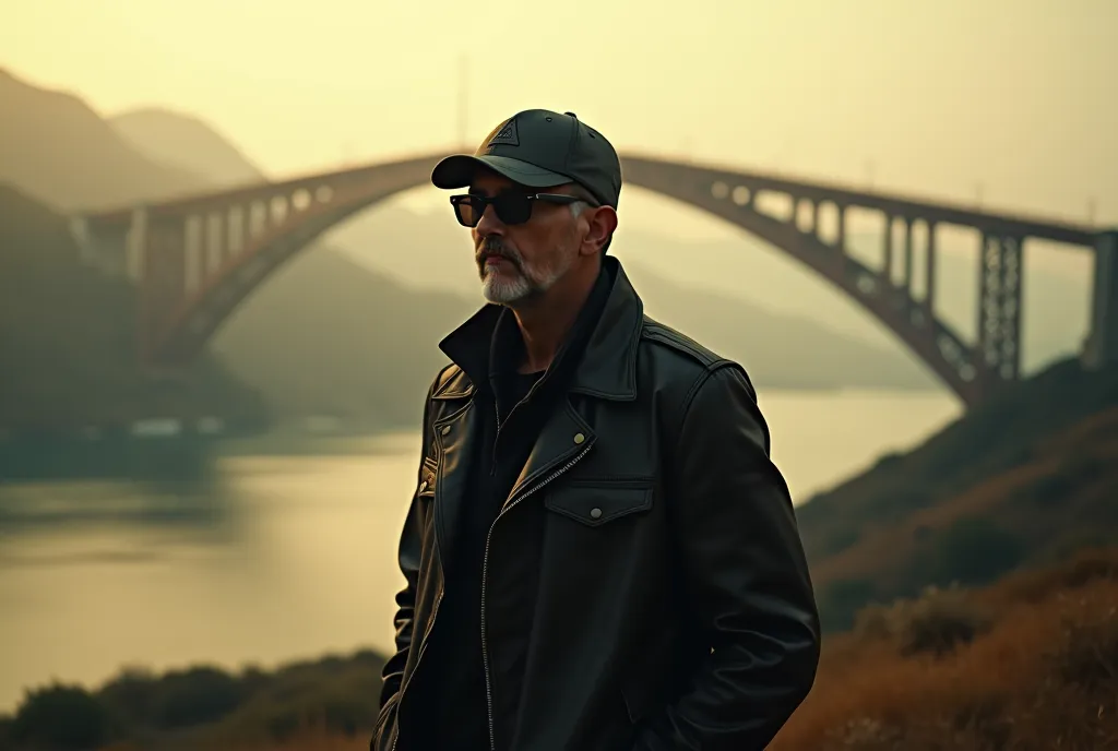 There is a man standing in front of a bridge with a bridge in the background., still photo, inspired by Phil Foglio, terrence malick, portrait photo 8 k, matte painting portrait photo, David Fincher, wearing sunglasses and a cap, inspired by Henri-Julien D...