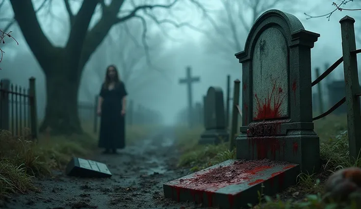 "Plunge into the abyss of a desolate, fog-choked cemetery where the dead refuse to stay buried. Imagine a gripping scene in stunning 4K clarity: a weathered gravestone, cracked and tilting, its surface marred with frantic, claw-like scratches and streaked ...