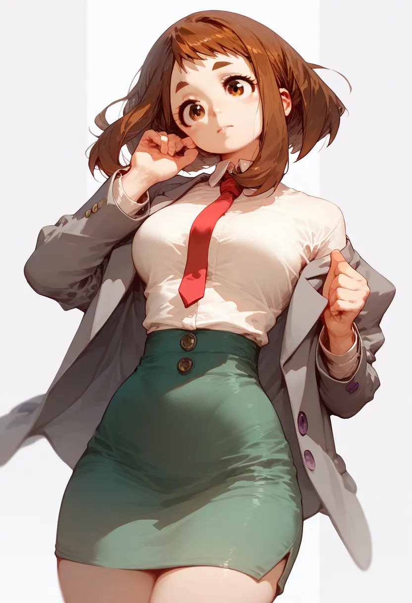 uraraka ochako, girl, solo, brown hair, brown eyes, winsch, grey blazer, blazer closed, buttons, red necktie, green skirt, white shirt, alpcos, breasts, wide hips