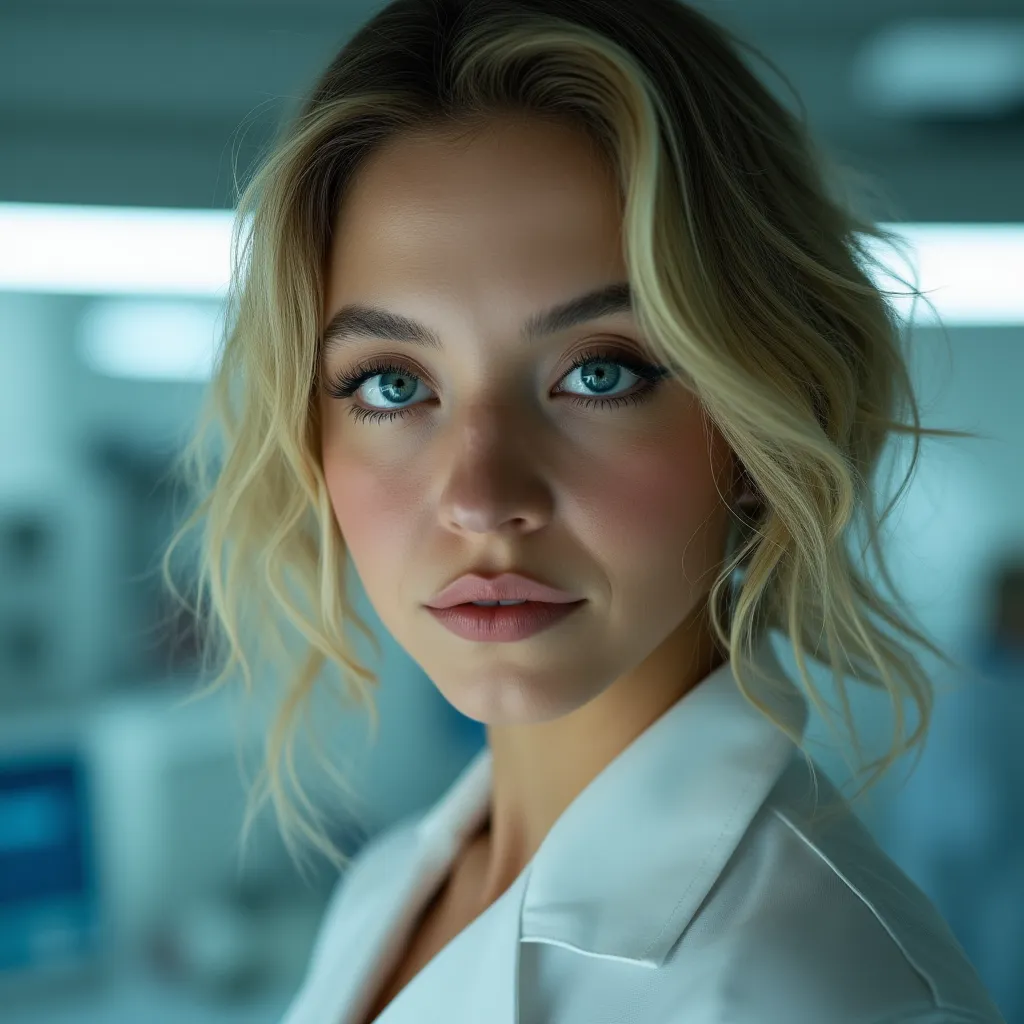 An exquisite, hyperrealistic photo featuring a young Caucasian woman with a impressive, medical examiner. Sexy, sexy guy has porcelain skin and wavy blond hair. big breasts,  In your face. eyeliner, fbi