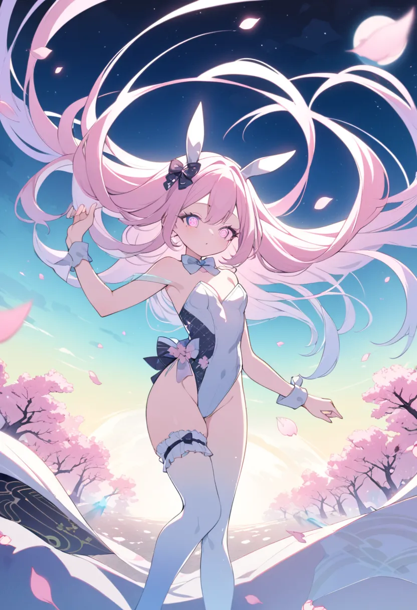 **Anime-Style Prompt**  
"Whimsical anime illustration of a playful bunny girl, dynamic pose with flowing hair strands catching golden hour light, wearing stylized leotard featuring origami-inspired folds and translucent chiffon overlays, gradient stocking...