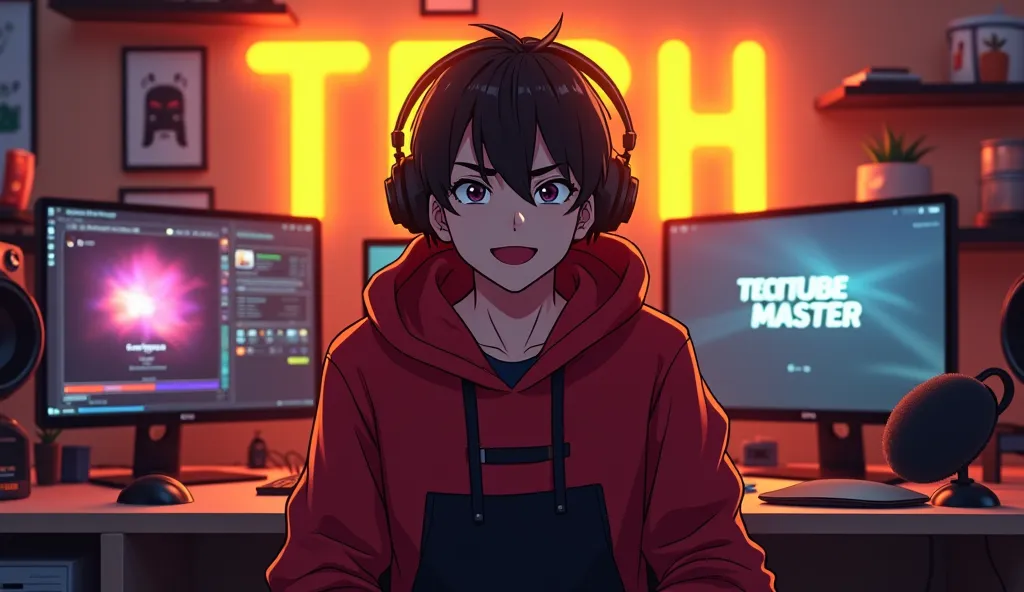 Create a anime  boy who have a a mature looking like a man facing in front he is YouTube content creator, sitting in his studio with futuristic gadgets, and there is mic near him wearing red hoodie. smiling , and there is 2 posters of carter's Studio room ...