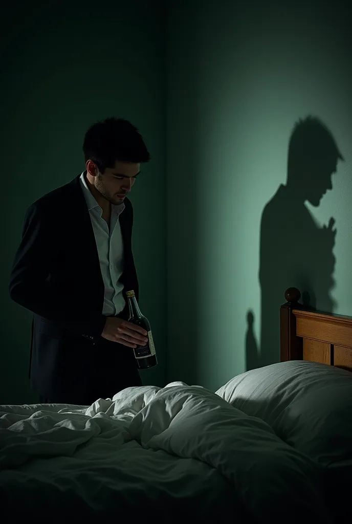  Maribel wakes up to the sound of broken glass. Observe Adrián standing next to the bed, his cold and distant expression. In the darkness, his shadow widens on the wall as he advances with a look full of determination and a bottle in his hand.
