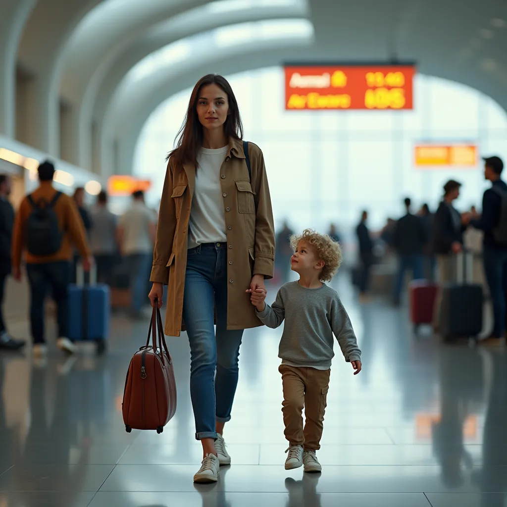 realistic photo, a woman and her son are walking at the airport