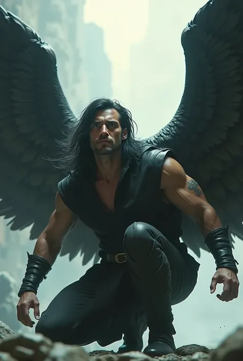 Make a man with black hair and wings,he crouches, Looking up