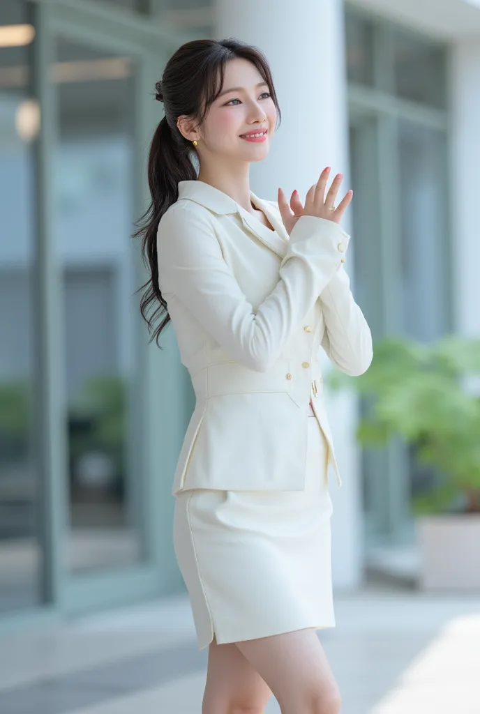 A glamorous Korean woman, wearing a fitted white two-piece skirt suit that accentuates her figure, red high heels, a neat ponytail hairstyle, looking at the master with a gentle yet intelligent smile while holding her hands respectfully together, a sophist...