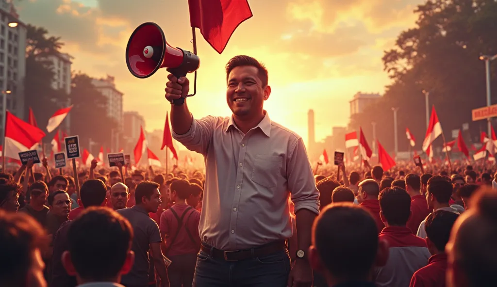 "An ultra-realistic image of Prabowo Subianto at the forefront of a vibrant protest demonstration. He stands with commanding presence amidst a sea of passionate demonstrators, holding a flag and a megaphone. His expression is determined and resolute, refle...