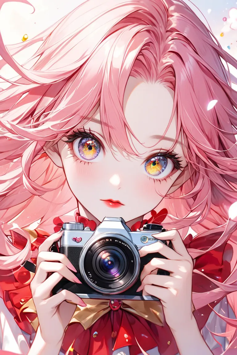   1 girl, alone,   high image quality   ,  Look,  pink hair、Cowboy Shooting  ,  big, bright eyes,   Long eyelashes, camera,with golden eyes ,  red eyeliner、  red lips、long hair, Pretty Cure、Pretty Cure衣装