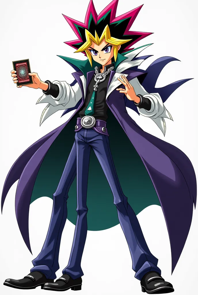 YU-GI-OH carte monstre, un duelliste debout avec un disque de duel inséré au bras gauche, cheveux vert,noir et jaune, habillé comme yugi muto piochant une carte avec sa main droite dans sur le toit de la kaiba corp en plein duel contre un homme masqué vêtu...