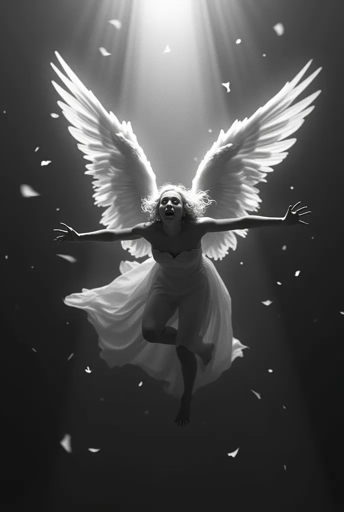 A celestial angel is plummeting in an uncontrolled free fall, suspended in an empty void with no background. Their enormous wings—twice their size—are wild and disheveled, feathers ripping away and scattering chaotically into the abyss. The wings, meant fo...