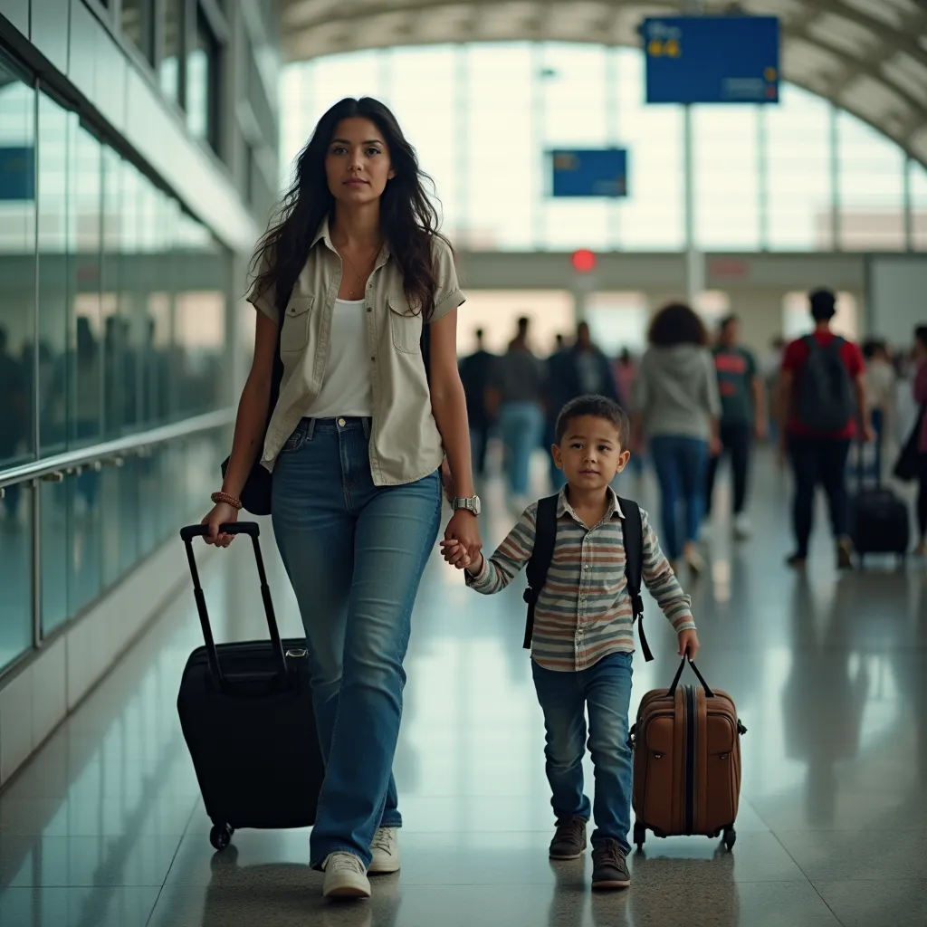 realistic photo, a woman and her son walk around the airport close to the camera