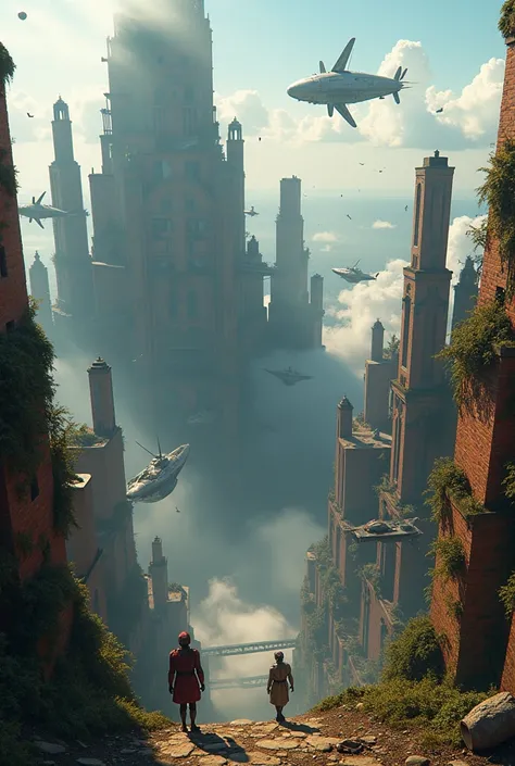 A breathtaking bird’s-eye view of a colossal 3-kilometer-wide floating city, now a decayed ruin overtaken by nature. The entire composition is densely packed with objects and fine details, designed to be visually engaging as a puzzle. From above, the city ...