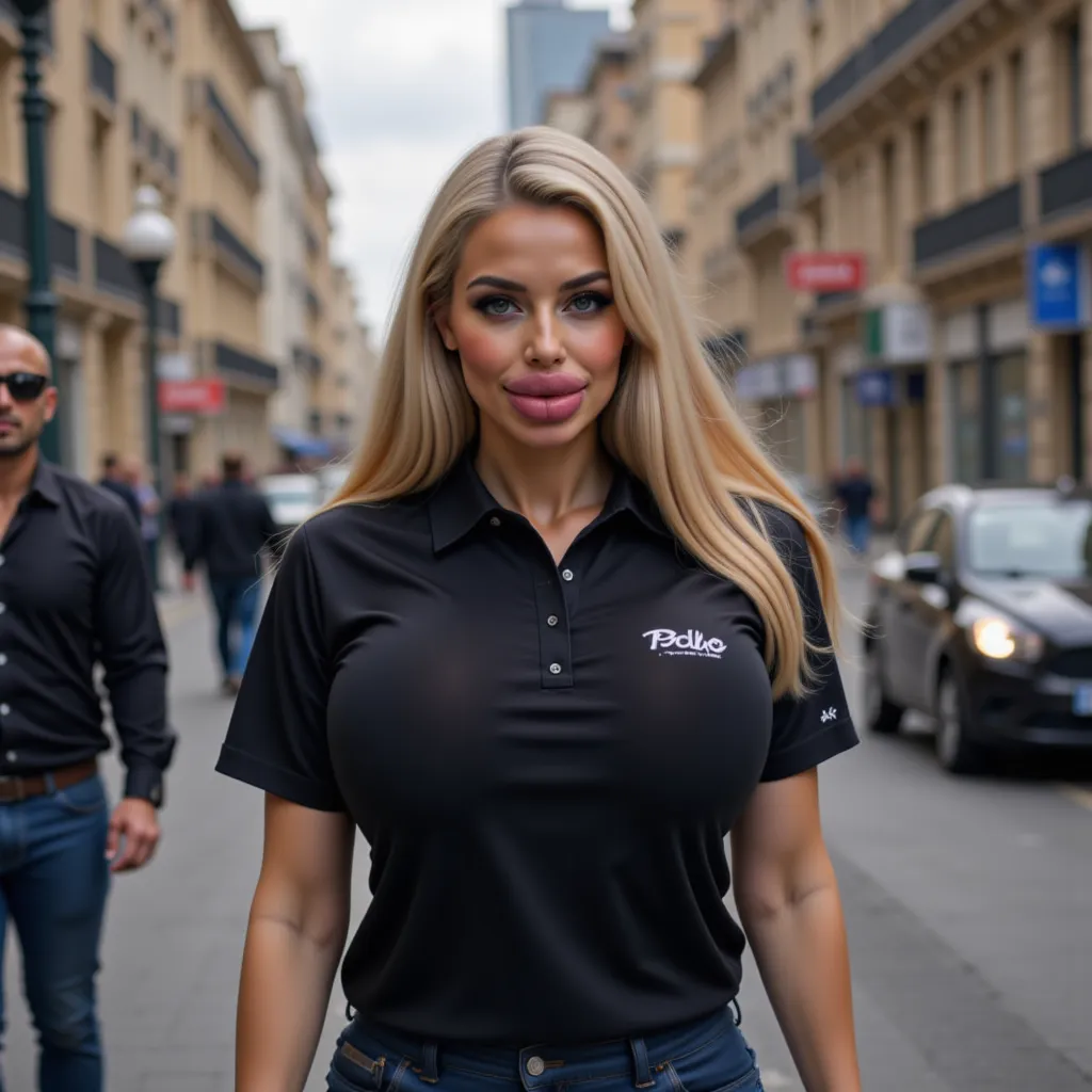 Bil 1 Woman walking in a city in black Poloshirt Photography, Photo, ( large)balllarge, ,extremely huge     ,  blonde hair ,  high resolution ,,  huge inflated ,  Shiny face,whole person in the picture,  8k resolution front,  deep cut  , Botox face,  Face ...