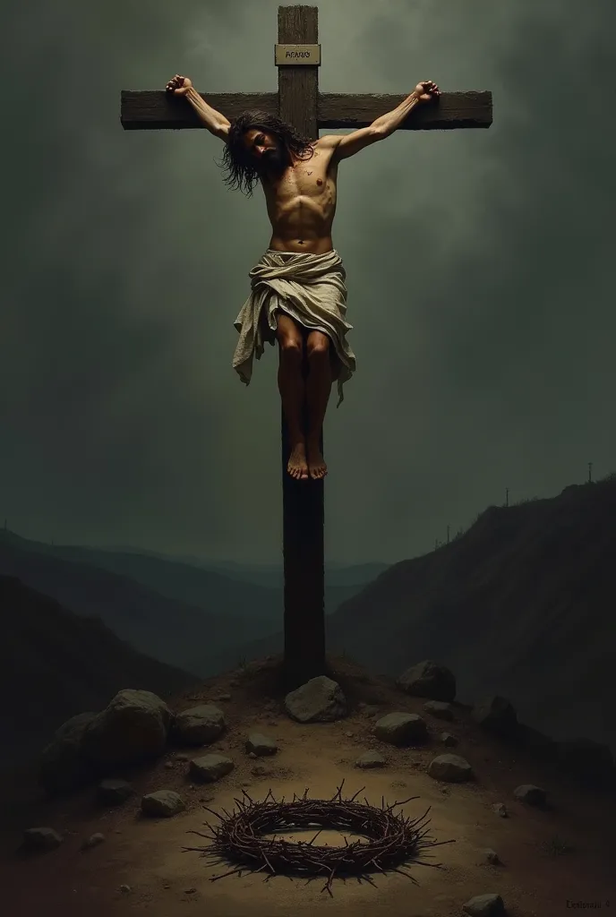 Jesus crucified in the background, Distant scenario, dark scene, Fallen crown of thorns 