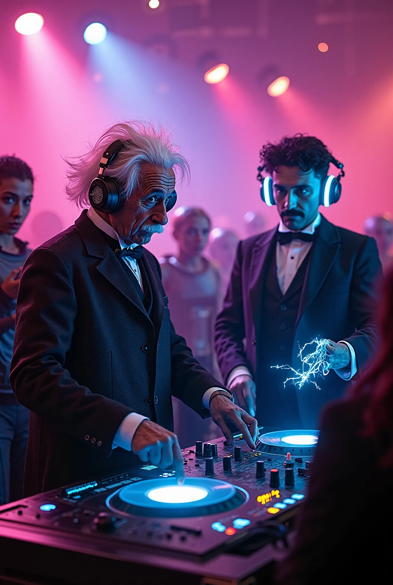 Albert Einstein and Nikola Tesla dressed as futuristic DJs, standing in a neon-lit nightclub. Einstein wears oversized headphones, spinning a glowing record, while Tesla shoots lightning bolts from his fingers to control the sound waves. The crowd of cybor...