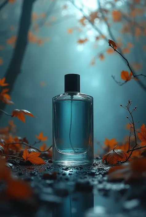 A perfume bottle on a romantic and dramatic autumn background, with more cool tones than warm. 