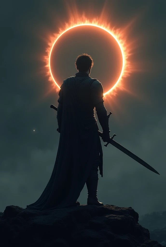 Haceme una versión cinematográfica, super high definition, of soul of cinder. , from dark souls 3 , with his sword in the shoulder ,looking at the sky in a dark and lonely place , dark , but with a low eclipse that illuminates him ,