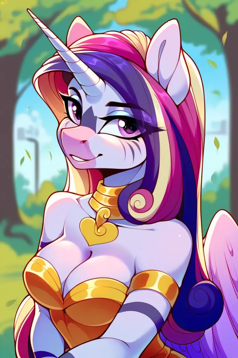 score_9, score_8, source_pony, solo, Anthro (princess cadance) fusion merged (zecora), park, looking at you, cleavage, sexy, sexy clothing, sensual, looking at viewer, masterpiece, high resolution, half body, high detail shading, DeepNegative_xl_v1, Simple...