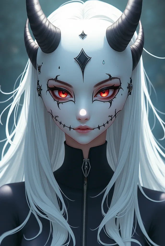 anime style, Character long hair and white,  Woman, monstrous white mask partially covering the face,  High resolution