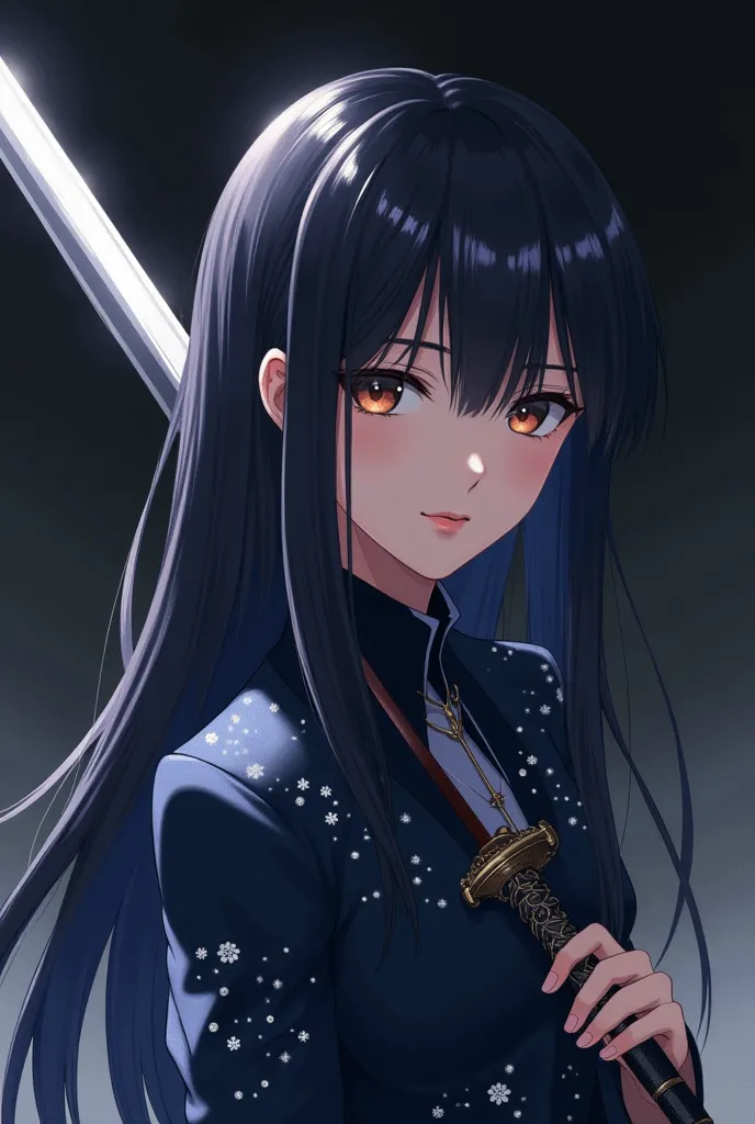 . An anime girl with a serious and distinctive appearance, long black hair with shiny fine details, carrying a sharp and luxuriously designed sword, The tip of the sword is placed on her left shoulder. She wears a dark blue coat with sparkling snow-white d...