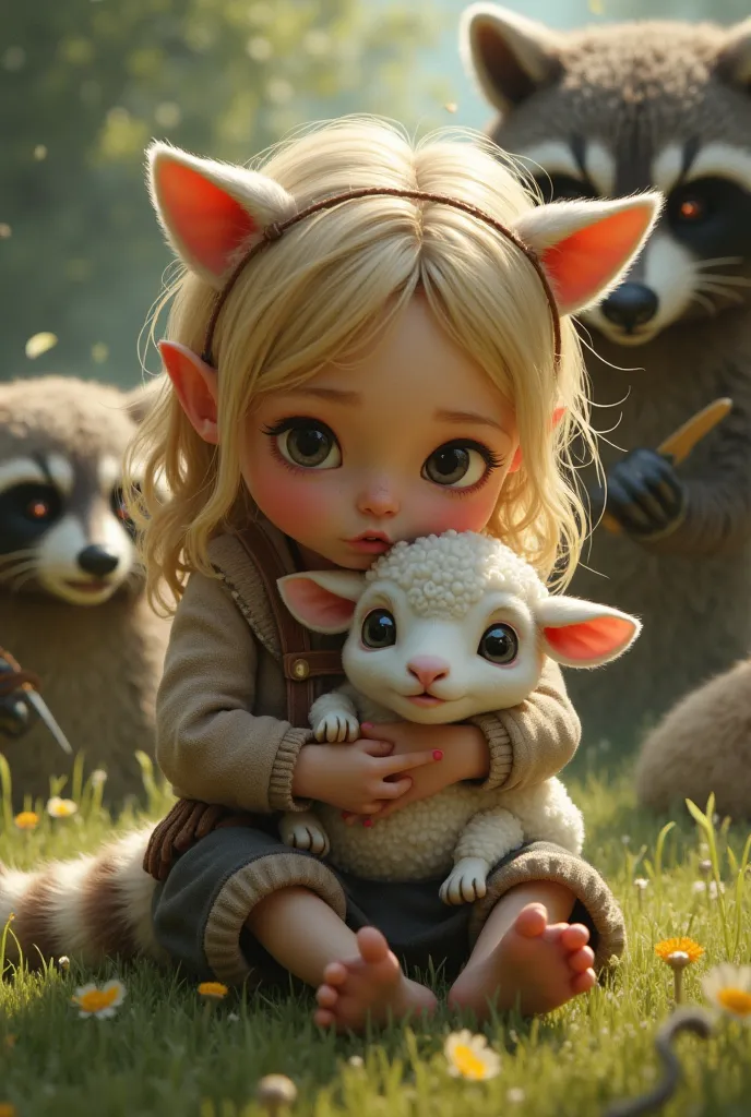 Draw a small blonde girl with a baby sheep in her lap protecting her from a hungry raccoon with a knife and a knife