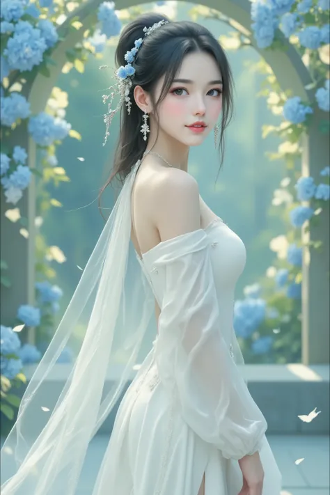 (masterpiece, best quality: 1.2), (Ultra-realistic:1.2),(Ultra-Details),(secret colorful forest like fairy live), (pure white dress),(nude color high heels),beautiful woman like a princes,20years old,gentle smile, black hair,red lips,brown eyes,beautiful s...