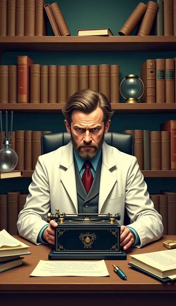 Vintage style. An illustration of a scientist with a typewriter, surrounded by books and papers.