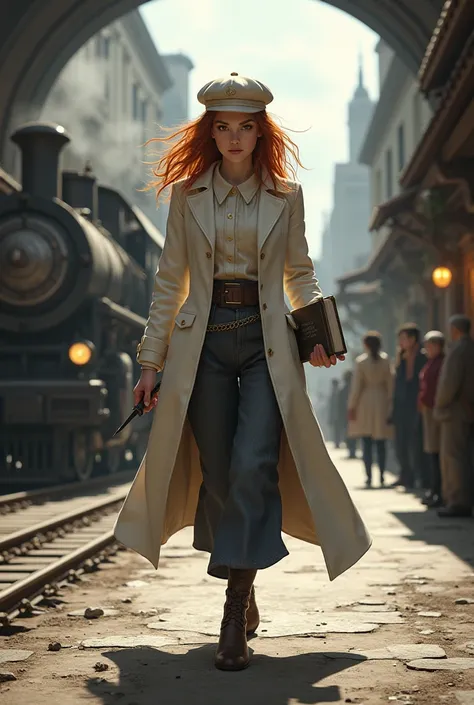 Brutal ginger girl with a white coat and a white hat walking by the niddle afe train. Holding a book and taking a word in another hand