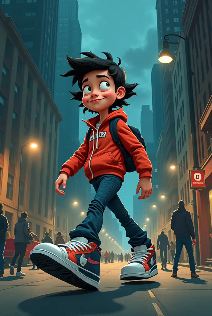 A cartoon-style character wearing a giant sneaker disproportionate to his feet, walking around the city as if she were parading. The image has dark colors, a funny look