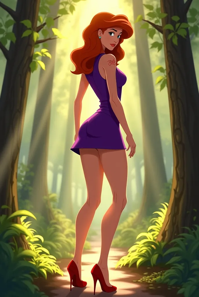  dapne, the iconic character of *scooby doo*, aparece en A bosque soleado. Sunlight filters through the trees, creando A efecto de rayos dorados que iluminan su figura. Lleva A **modern and daring outfit**: Aa **very short purple miniskirt** that highlight...