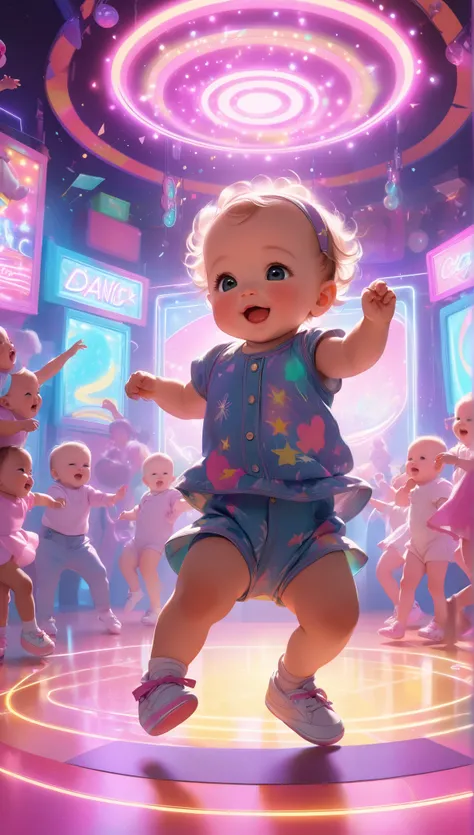 Write 10 baby image prompts where they are standing on a vibrant stage filled with neon lights and retro disco vibes, creating an electrifyingly joyful scene. Additionally, write amazing dancing motion prompts for the babies. First, provide an image prompt...