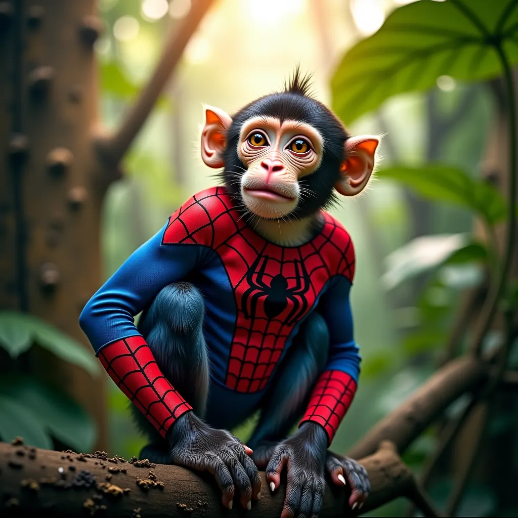 Create a Realistic image. A real Monkey covered with Spidermn's Blue and Red color costume design, in the Jungle top the tree.