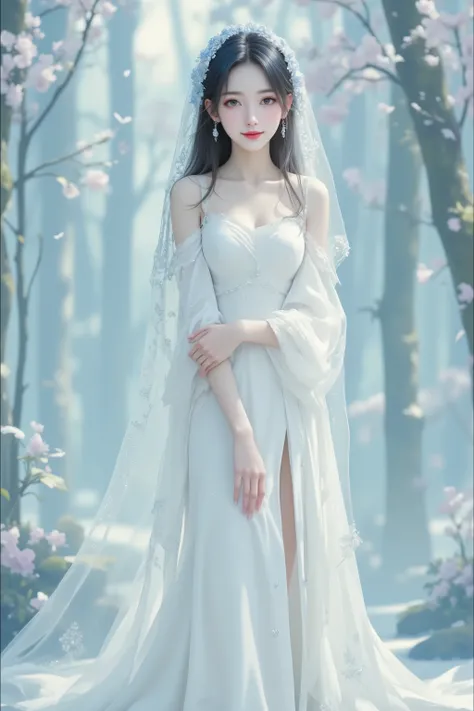 (masterpiece, best quality: 1.2), (Ultra-realistic:1.2),(Ultra-Details),(secret colorful forest like fairy live), (pure white dress),(nude color high heels),beautiful woman like a princes,20years old,gentle smile, black hair,red lips,brown eyes,beautiful s...