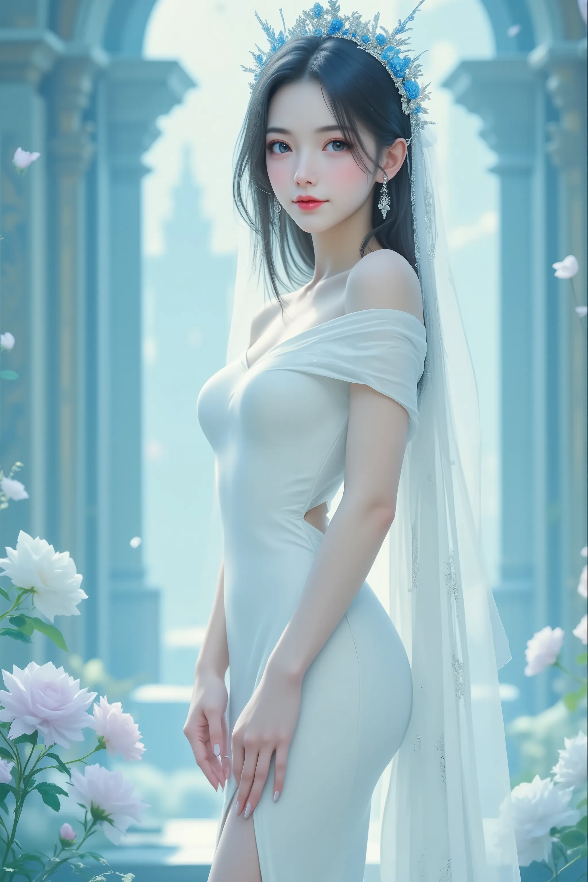 (masterpiece, best quality: 1.2), (Ultra-realistic:1.2),(Ultra-Details),(secret colorful forest like fairy live), (pure white dress),(nude color high heels),beautiful woman like a princes,20years old,gentle smile, black hair,red lips,brown eyes,beautiful s...