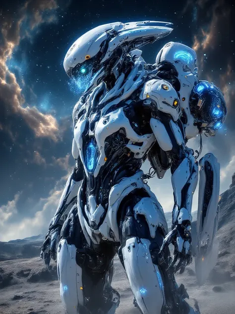 "A highly advanced android designed for deep-space exploration, standing on the surface of an uncharted alien world. Its body is sleek and humanoid, covered in reinforced white plating with glowing blue circuits. Its face is a smooth, featureless visor, di...